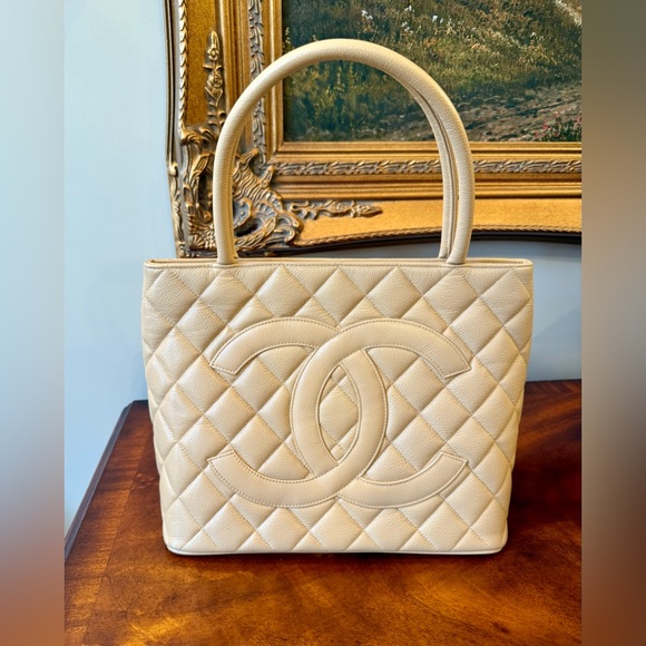 Pre Loved Authentic Chanel Caviar Leather Medallion Tote Bag Tan/Beige - Picture 1 of 16